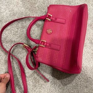 Tory Burch Pink Perforated Leather Satchel with Gold Hardware